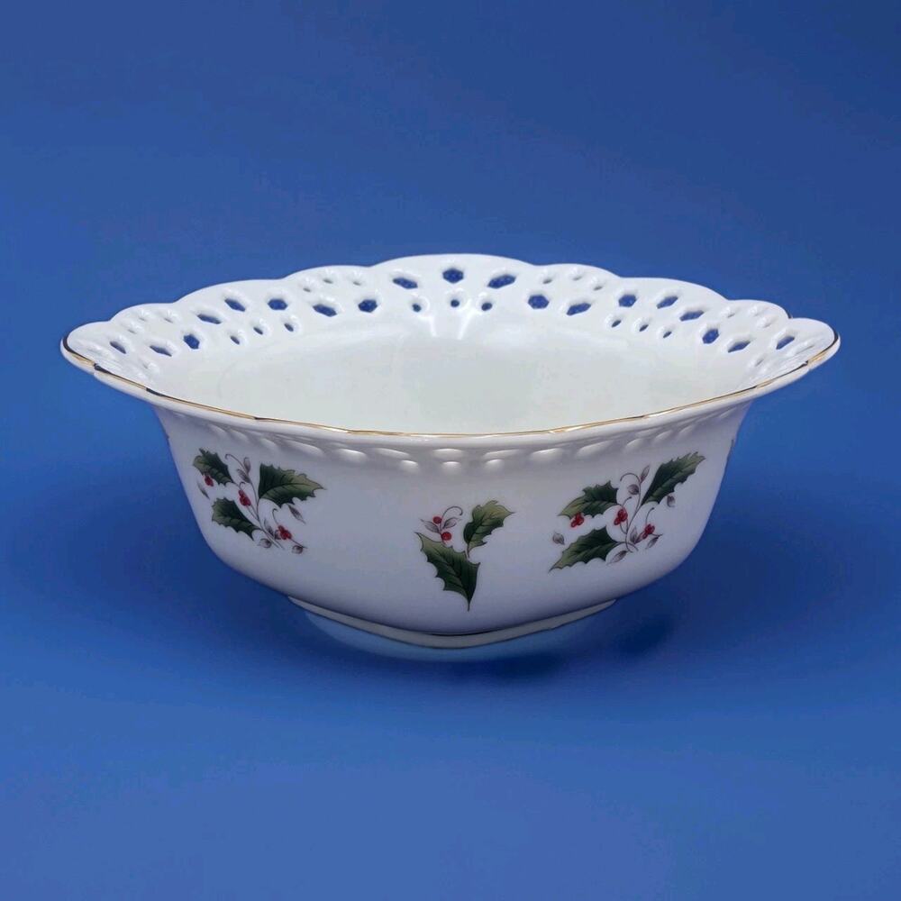 Royal Limited Holly Holiday Pierced Bowl 7" Square Reticulated Porcelain Vintage